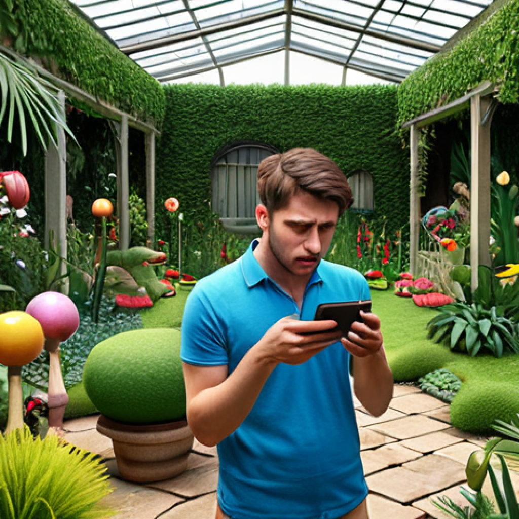 A user frustrated with a failed payment in Dream Garden, looking at their phone in frustration while surrounded by un-decorated virtual garden items.