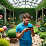 A user frustrated with a failed payment in Dream Garden, looking at their phone in frustration while surrounded by un-decorated virtual garden items.