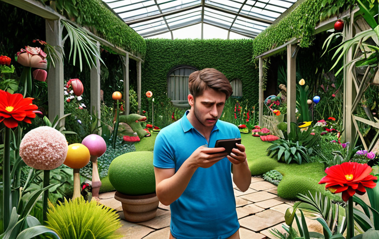 A user frustrated with a failed payment in Dream Garden, looking at their phone in frustration while surrounded by un-decorated virtual garden items.
