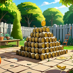 **

A vibrant, colorful scene depicting Austin the butler meticulously organizing his inventory of Gardenscapes resources before taking a break from restoring the garden. Coins are stacked neatly, stars are arranged in a shimmering pile, and various power-ups are displayed like prized possessions. In the background, a partially restored section of the garden hints at past progress.  A calendar with circled event dates is visible. The overall mood is organized and slightly nostalgic. Style:  Bright, cheerful, slightly whimsical, digital painting.

**
