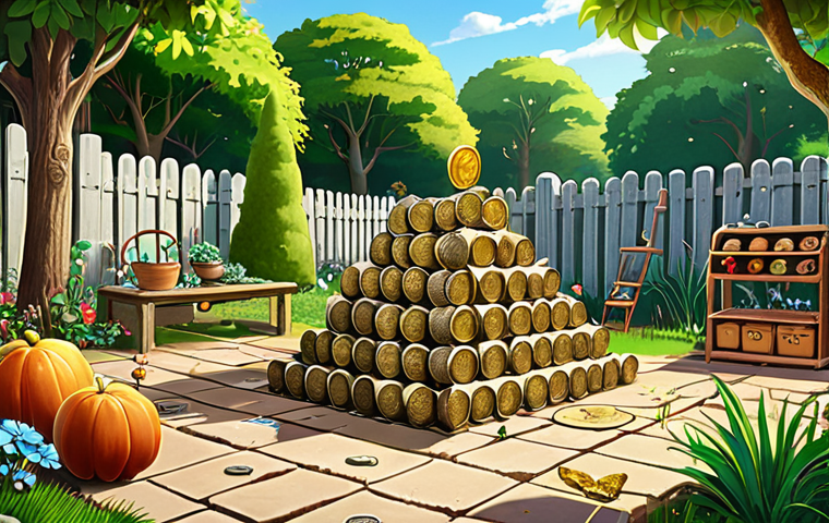 **
A vibrant, colorful scene depicting Austin the butler meticulously organizing his inventory of Gardenscapes resources before taking a break from restoring the garden. Coins are stacked neatly, stars are arranged in a shimmering pile, and various power-ups are displayed like prized possessions. In the background, a partially restored section of the garden hints at past progress. A calendar with circled event dates is visible. The overall mood is organized and slightly nostalgic. Style: Bright, cheerful, slightly whimsical, digital painting.
**