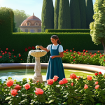 꿈의정원 지역별 퀘스트 차이 - **Image Prompt:** A fully clothed character, possibly a young woman with modest attire, happily tend...